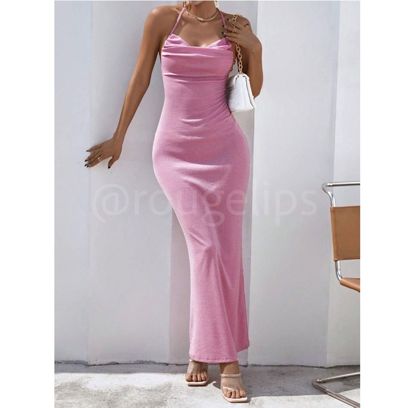 Glitter Lurex Pink Cowl Neck Backless Tie Straps Maxi Long Dress - Picture 5 of 10